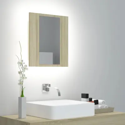 The Living Store LED kopalniška omarica z ogledalom sonoma hrast 40x12x45 akril - LED Omarica Z Ogledalom