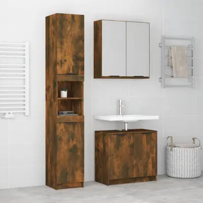 The Living Store Komplet kopalniških omaric 3-delni dimljen hrast inženirski les - Komplet Kopalniškega Pohištva