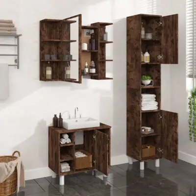 The Living Store Komplet kopalniških omaric 3-delni dimljen hrast inženirski les - Komplet Kopalniških Omaric