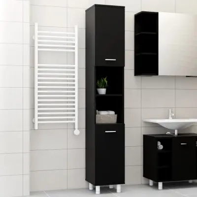 The Living Store Kopalniška omarica črna 30x30x179 cm iverna plošča - Kopalniška Omarica