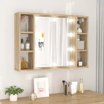 The Living Store Omarica z ogledalom in LED lučkami sonoma hrast 76x15x55 cm - Omarica Z Ogledalom
