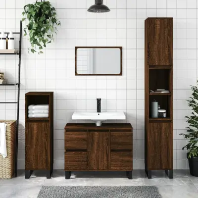 The Living Store Kopalniška omarica rjavi hrast 30x30x100 cm inženirski les - Kopalniška Omarica