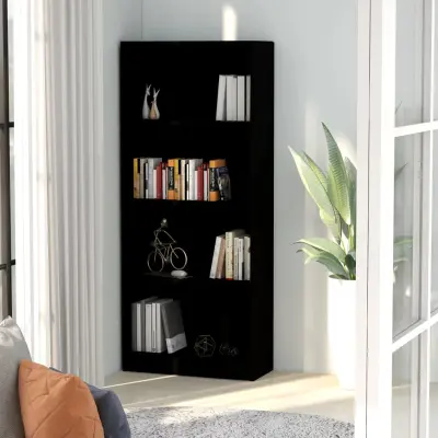 The Living Store Knjižna omara 4-nadstropna črna 60x24x142 cm iverna plošča - Knjižna Omara