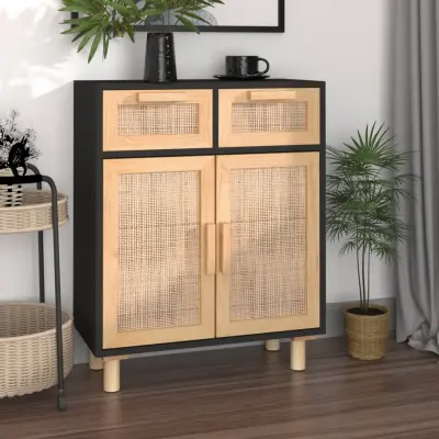 The Living Store Komoda črna 60x30x75 cm trdna borovina in naravni ratan - Komoda