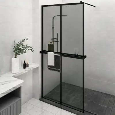 The Living Store Pregrada za tuš s polico črna 118x190 cm ESG steklo in aluminij - Stena Za Tuš