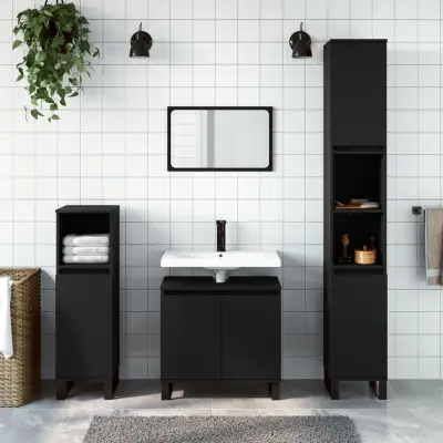 The Living Store Komplet kopalniških omaric 3-delni črn inženirski les - Komplet Kopalniškega Pohištva