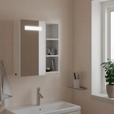 The Living Store Kopalniška omarica z ogledalom z LED lučko bela 45x13x52 cm - Kopalniška Omarica Z Ogledalom