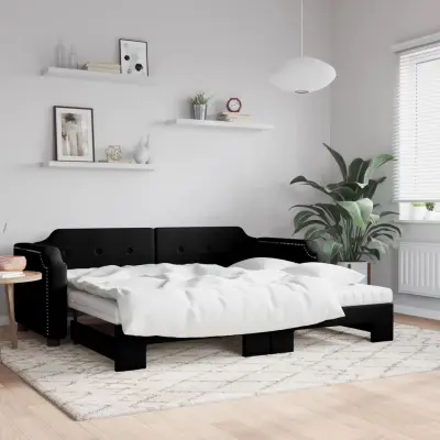 The Living Store Izvlečna dnevna postelja z vzmetnicami črna 90x200 cm blago - Izvlečna Dnevna Postelja
