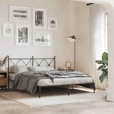 The Living Store Kovinski posteljni okvir z vzglavjem črn 150x200 cm - Posteljni Okvir