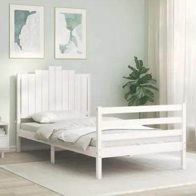 The Living Store Posteljni okvir z vzglavjem bel 100x200 cm trden les - Posteljni Okvir