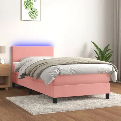 The Living Store Box spring postelja z vzmetnico LED roza 90x200 cm žamet - Box Spring Postelja