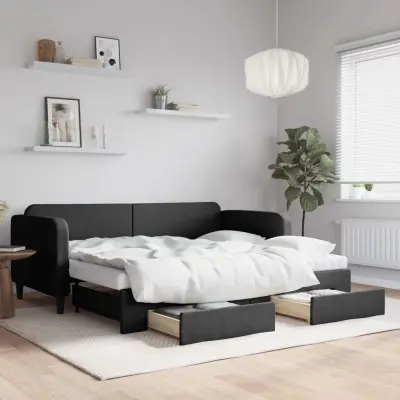The Living Store Izvlečna dnevna postelja s predali črna 90x200 cm blago - Izvlečna Dnevna Postelja