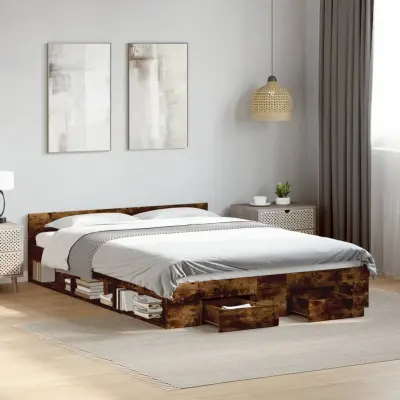 The Living Store Posteljni okvir s predali dimljen hrast 160x200 cm inž. les - Posteljni Okvir