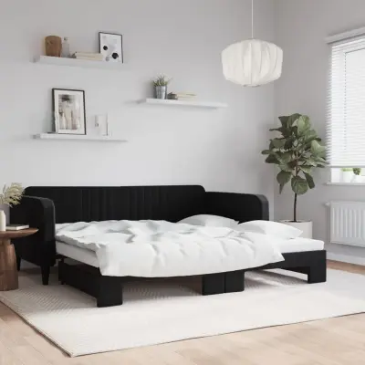 The Living Store Izvlečna dnevna postelja črna 100x200 cm žamet - Izvlečna Dnevna Postelja