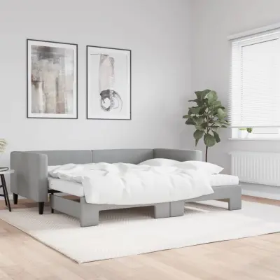 The Living Store Izvlečna dnevna postelja z vzmetnicami sv. siva 90x200 cm blago - Izvlečna Dnevna Postelja
