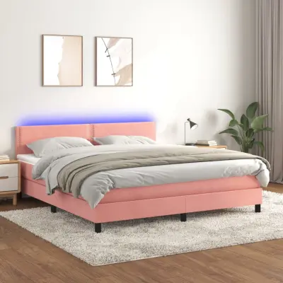 The Living Store Box spring postelja z vzmetnico LED roza 160x200 cm žamet - Box Spring Postelja