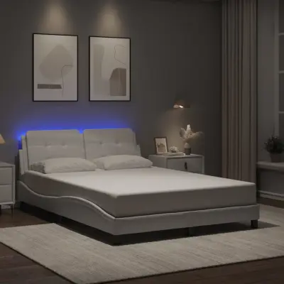 The Living Store Posteljni okvir z LED lučkami bel 120x200 cm umetno usnje - Posteljni Okvir