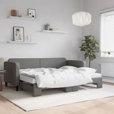 The Living Store Izvlečna dnevna postelja z vzmetnico tem. siva 80x200 cm blago - Izvlečna Dnevna Postelja