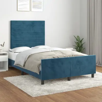 The Living Store Posteljni okvir z vzglavjem temno moder 120x190 cm žamet - Posteljni Okvir Z Vzglavjem