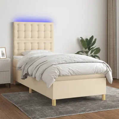 The Living Store Box spring postelja z vzmetnico LED krem 100x200 cm blago - Box Spring Postelja