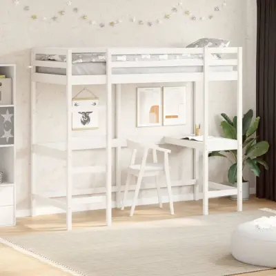 The Living Store Posteljni okvir z mizo bel 80x200 cm trdna borovina - Visoka Postelja