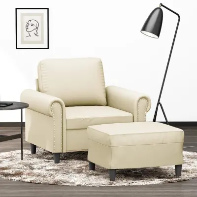 The Living Store Fotelj s stolčkom za noge krem 60 cm umetno usnje - Kavč S Stolčkom Za Noge