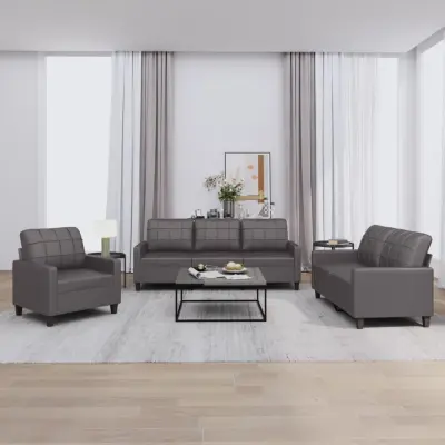 The Living Store Sedežna garnitura 3-delna z blazinami sivo umetno usnje - Sedežna Garnitura