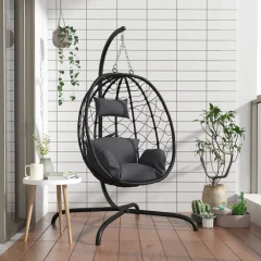 The Living Store Viseči stol jajček z blazino antracit poli ratan in jeklo - Viseči Stol Jajček
