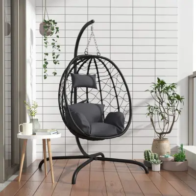 The Living Store Viseči stol jajček z blazino antracit poli ratan in jeklo - Viseči Stol Jajček