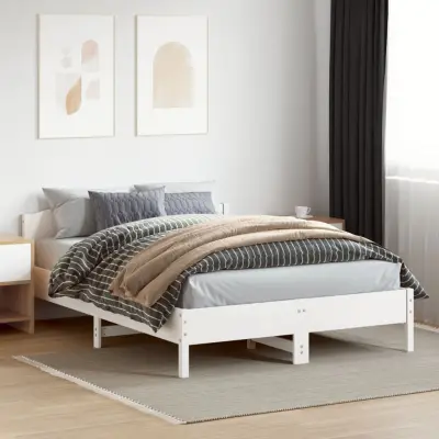 The Living Store Posteljni okvir brez vzmetnice bel 160x200 cm trdna borovina - Posteljni Okvir