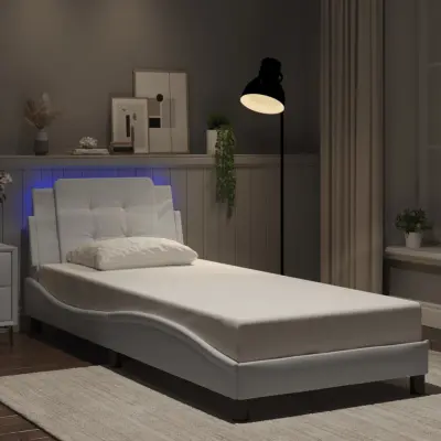 The Living Store Posteljni okvir z LED lučkami bel 90x200 cm umetno usnje - Posteljni Okvir