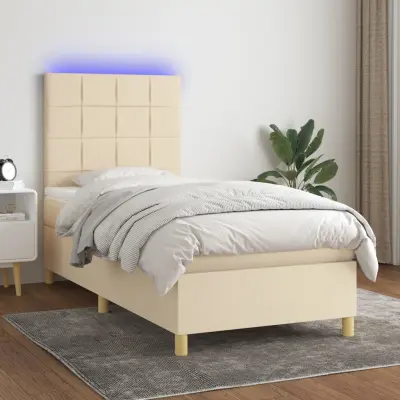 The Living Store Box spring postelja z vzmetnico LED krem 90x190 cm blago - Box Spring Postelja