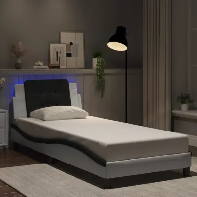 The Living Store Posteljni okvir z LED lučkami bel in črn 90x190 cm umetno usnje - Posteljni Okvir