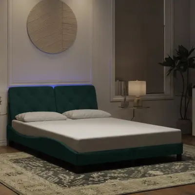 The Living Store Posteljni okvir z LED lučkami temno zelen 140x200 cm žamet - Posteljni Okvir