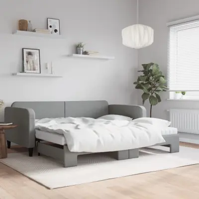 The Living Store Izvlečna dnevna postelja z vzmetnicami siva 100x200 cm blago - Izvlečna Dnevna Postelja