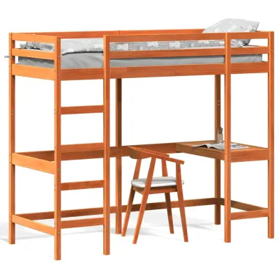 The Living Store Posteljni okvir z mizo voščeno rjav 80x200 cm trdna borovina - Visoka Postelja