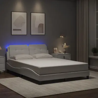 The Living Store Posteljni okvir z LED lučkami bel 140x190 cm umetno usnje - Posteljni Okvir