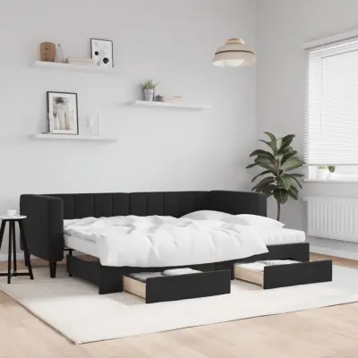The Living Store Izvlečna dnevna postelja s predali črna 80x200 cm žamet - Izvlečna Dnevna Postelja