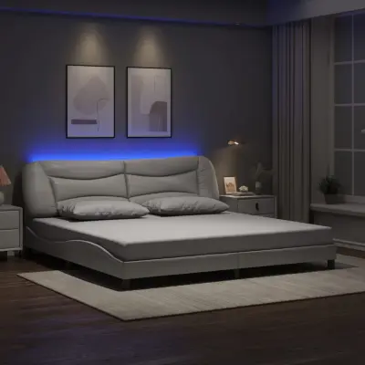 The Living Store Posteljni okvir z LED lučkami bel 200x200 cm umetno usnje - Posteljni Okvir