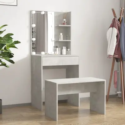 The Living Store Komplet toaletnih mizic z LED lučkami betonsko siv konstr. les - Komplet LED Toaletnih Mizic