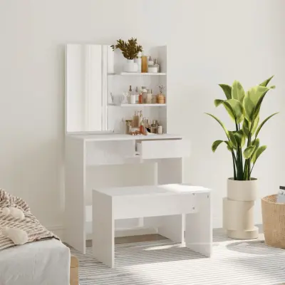 The Living Store Toaletna mizica komplet visok sijaj bele barve 74,5x40x141 cm - Komplet Toaletnih Mizic