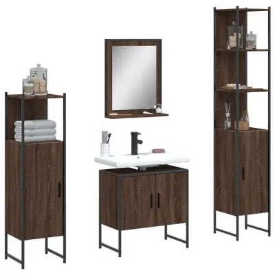 The Living Store Komplet kopalniških omaric 4-delni rjavi hrast inženirski les - Komplet Kopalniškega Pohištva