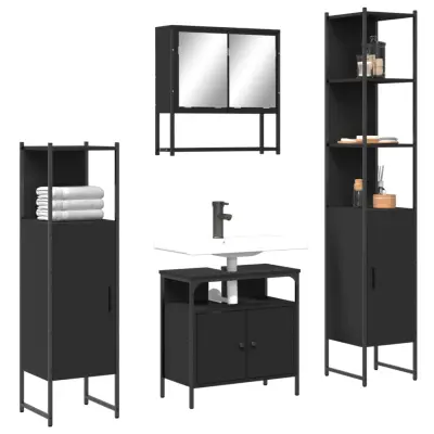 The Living Store Kopalniško pohištvo 4 kosi črne barve inženirski les - Komplet Kopalniškega Pohištva