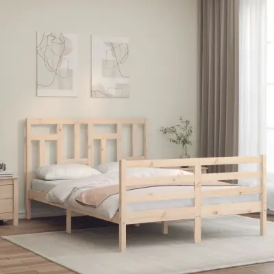 The Living Store Posteljni okvir z vzglavjem trden les - Posteljni Okvir