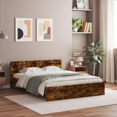 The Living Store Posteljni okvir z vzglavjem dimljen hrast 150x200 cm - Posteljni Okvir