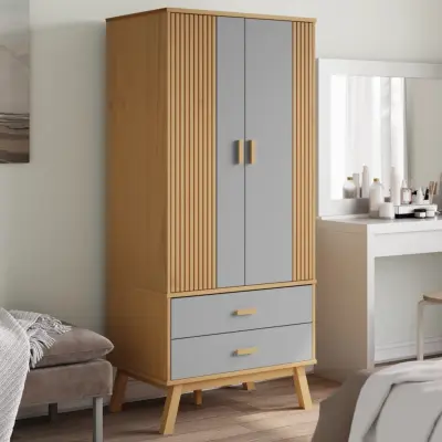 The Living Store Garderobna omara OLDEN sivo rjava 76,5x53x172 cm trdna borovina - Garderobna Omara