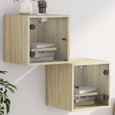 The Living Store Nočna omarica s steklenimi vrati 2 kos sonoma hrast 35x37x35 cm - Nočna Omarica