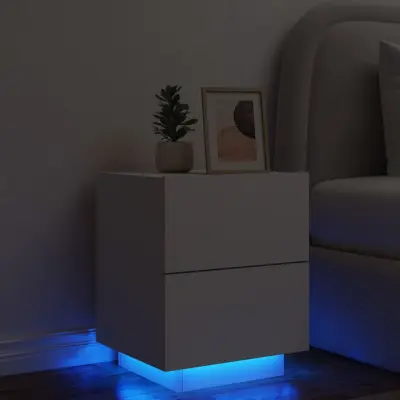 The Living Store Nočna omarica z LED lučkami bel inženirski les - Nočna Omarica