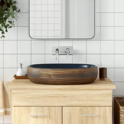 The Living Store Nadpultni umivalnik rjav in moder ovalen 59x40x14 cm keramika - Nadpultni Umivalnik
