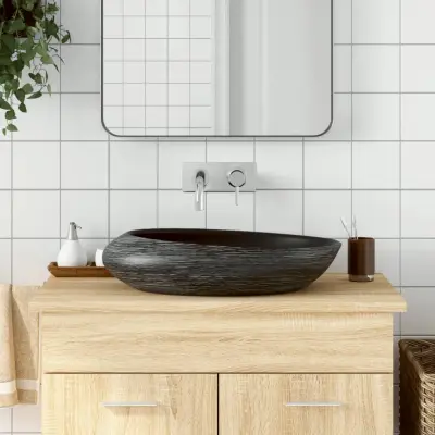 The Living Store Nadpultni umivalnik siv in črn ovalen 59x40x14 cm keramika - Nadpultni Umivalnik